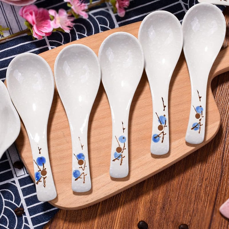 Whitenesser Ceramic Soup Spoon Set of 5 Japanese Style Blue Plum Asian Spoons Serving for Fruit Salad Ice Cream Oatmeal - Image 4